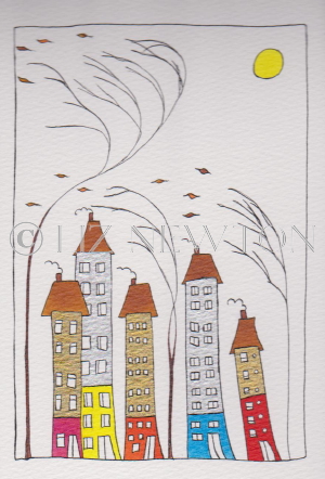 Tall Houses an Trees in Easterly Wind